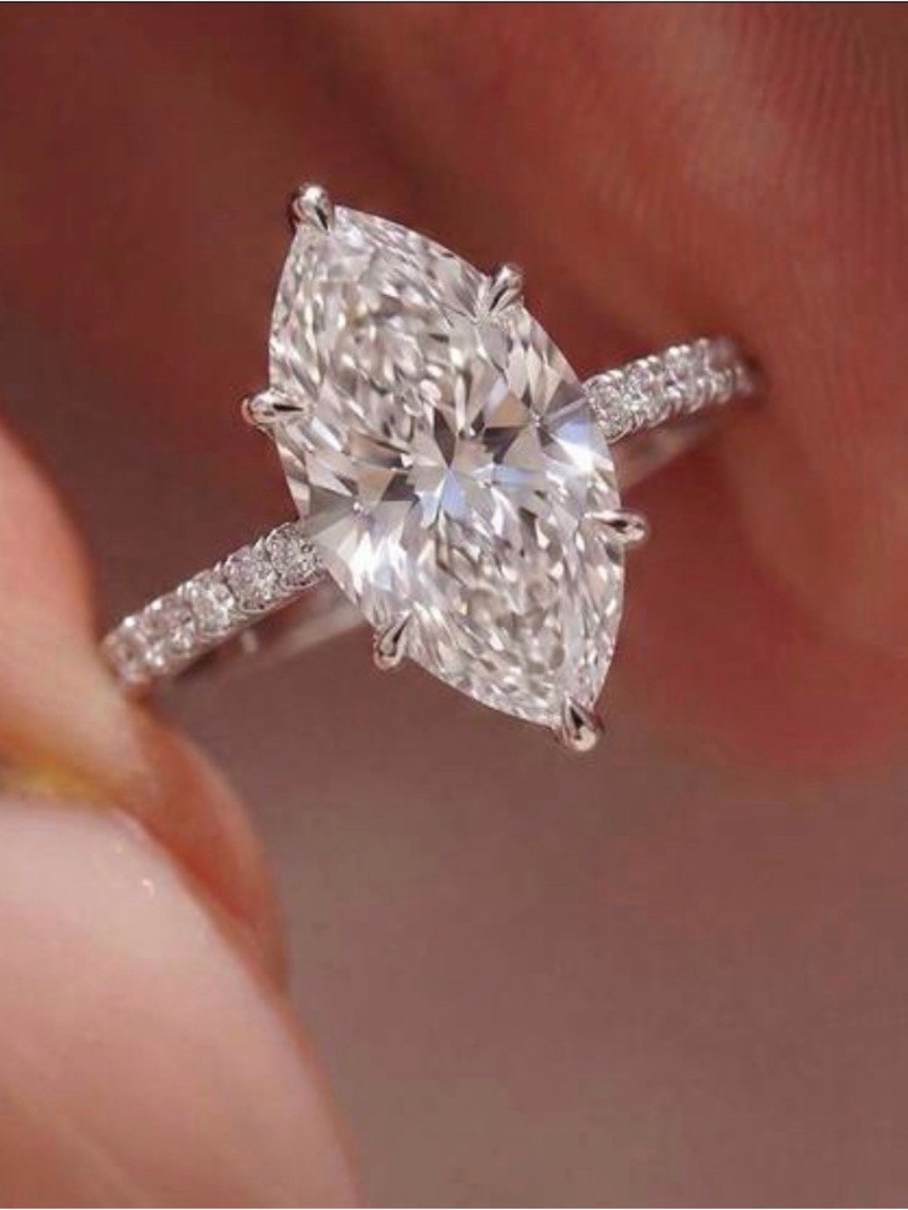 NWT-2ct Moissanite Marquee Halo Sterling Silver Engagement Ring